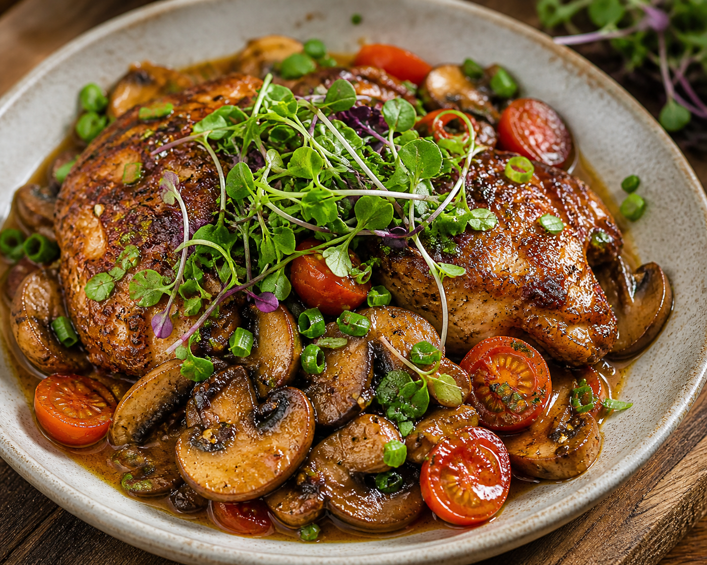 Cajun Garlic Chicken with Sautéed Mushrooms & Microgreen Finish
