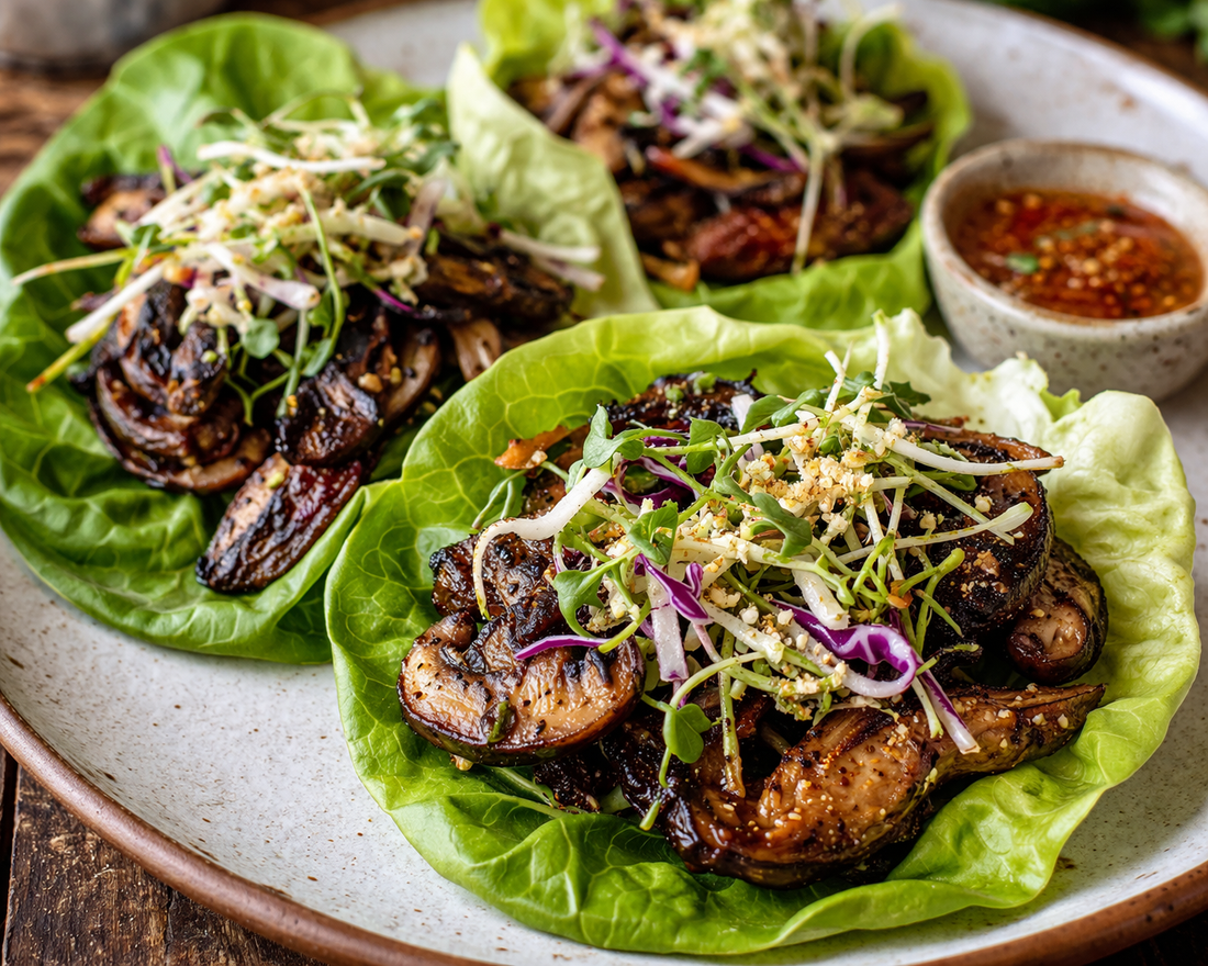 Cajun Blackened Mushroom Lettuce Wraps with Microgreen Slaw