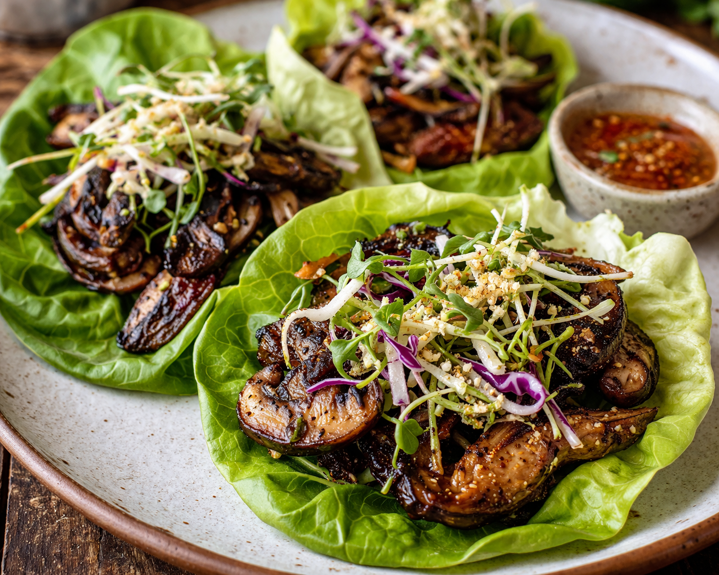 Cajun Blackened Mushroom Lettuce Wraps with Microgreen Slaw
