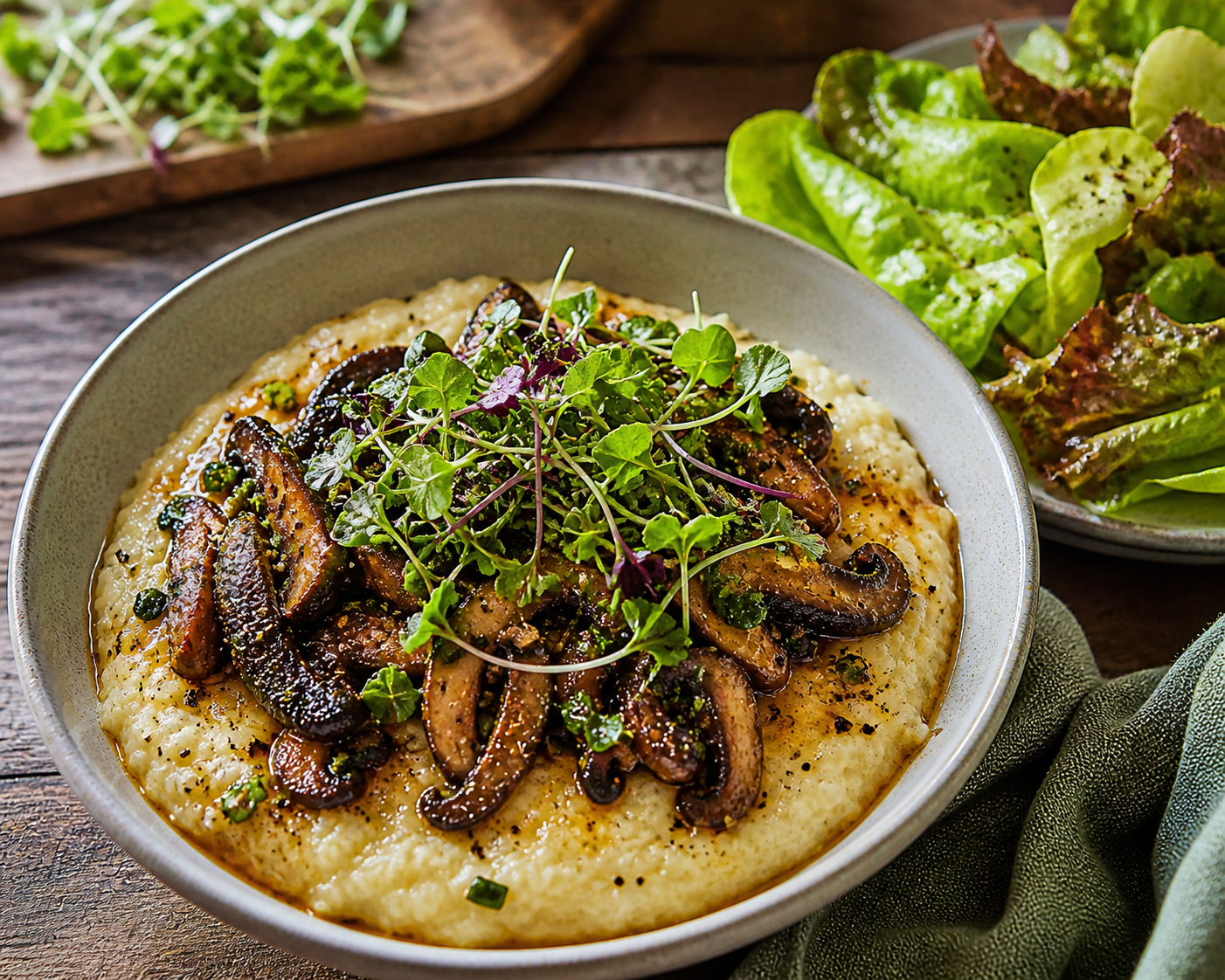 Cajun Creamy Mushroom Grits with Garlic Microgreens & Lettuce Salad