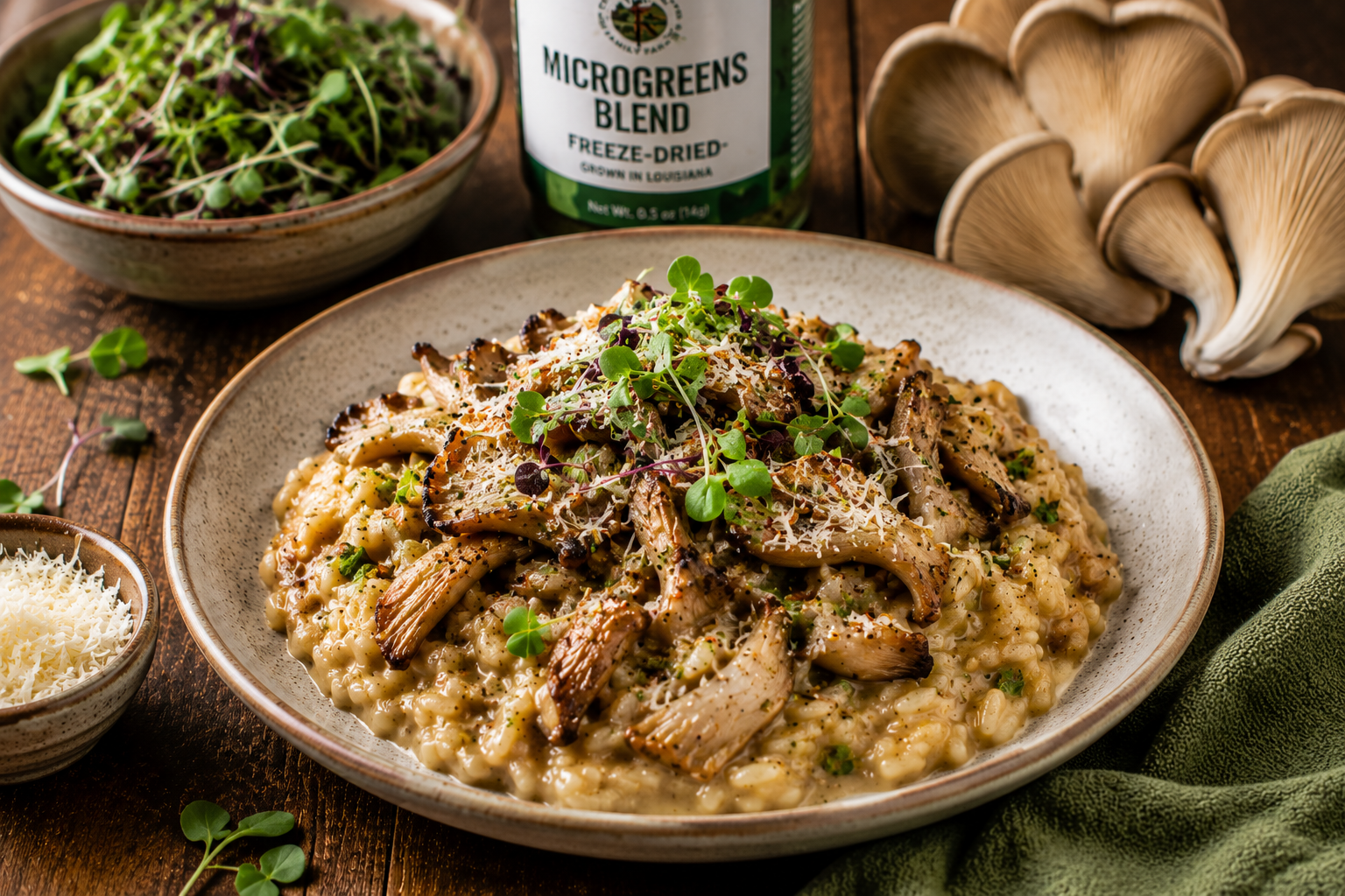 Creamy Cajun Gourmet Oyster Mushroom & Microgreens Risotto