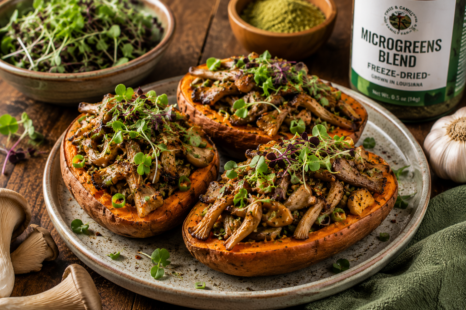 Cajun Gourmet Oyster Mushroom & Microgreens Stuffed Sweet Potatoes