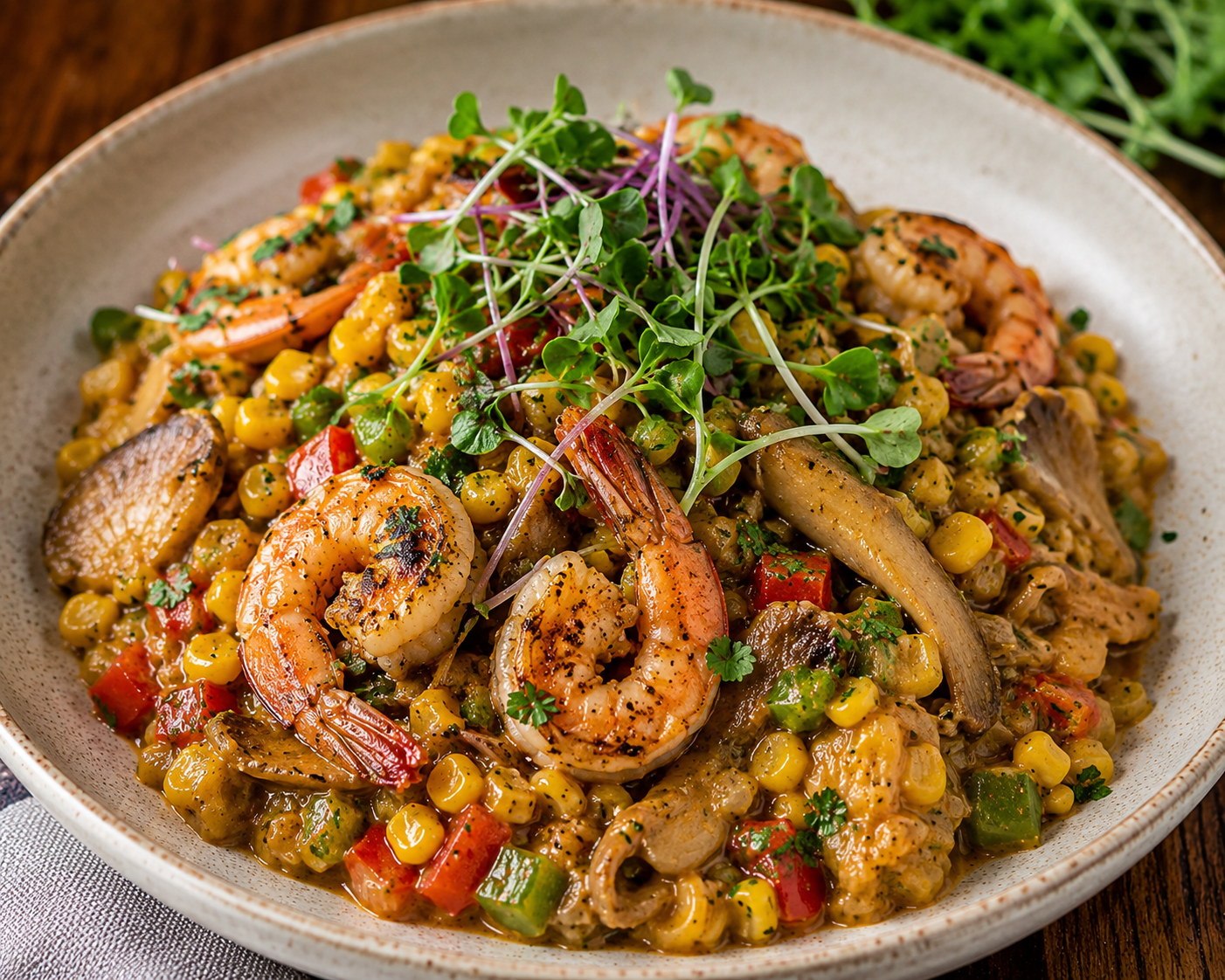 Gulf Shrimp & Oyster Mushroom Maque Choux with Microgreen Finish