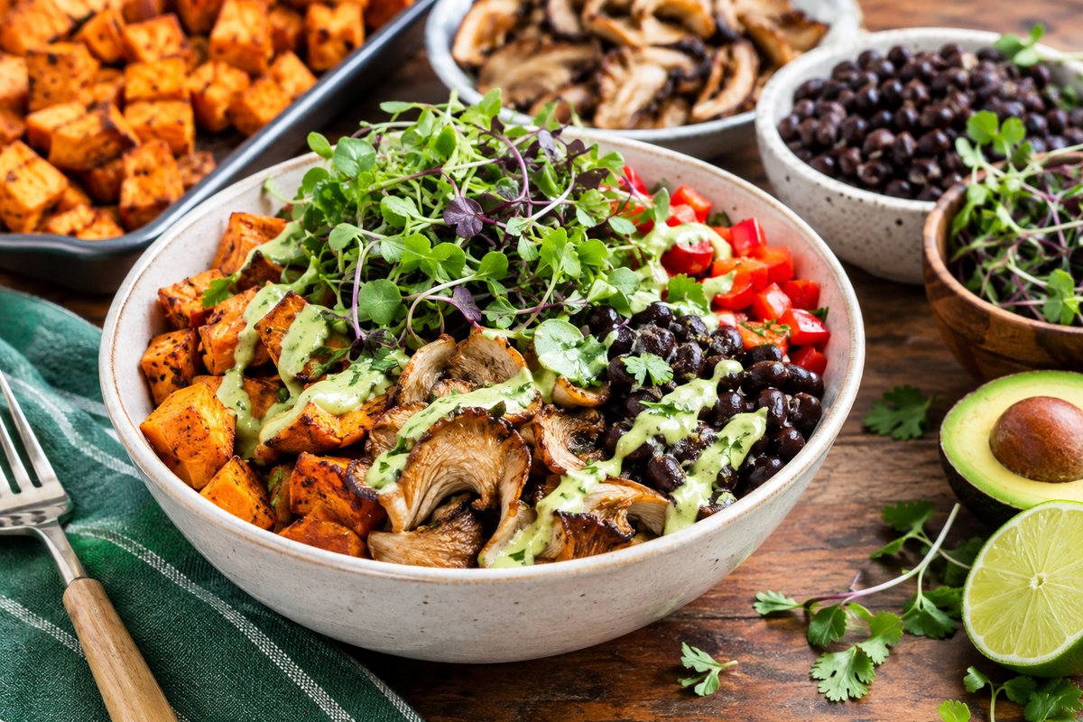 Vegan Cajun Oyster Mushroom & Sweet Potato Bowls