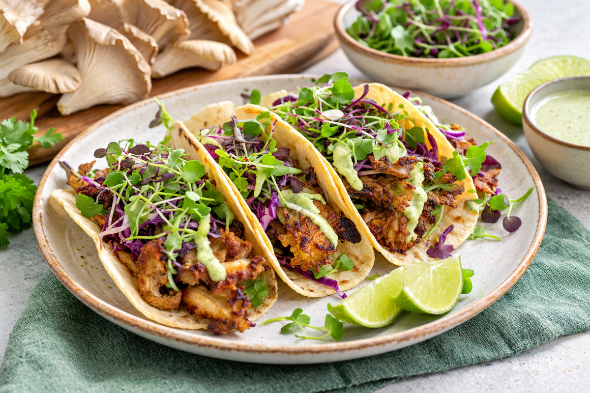 Crispy Oyster Mushroom Tacos with Fresh Microgreens