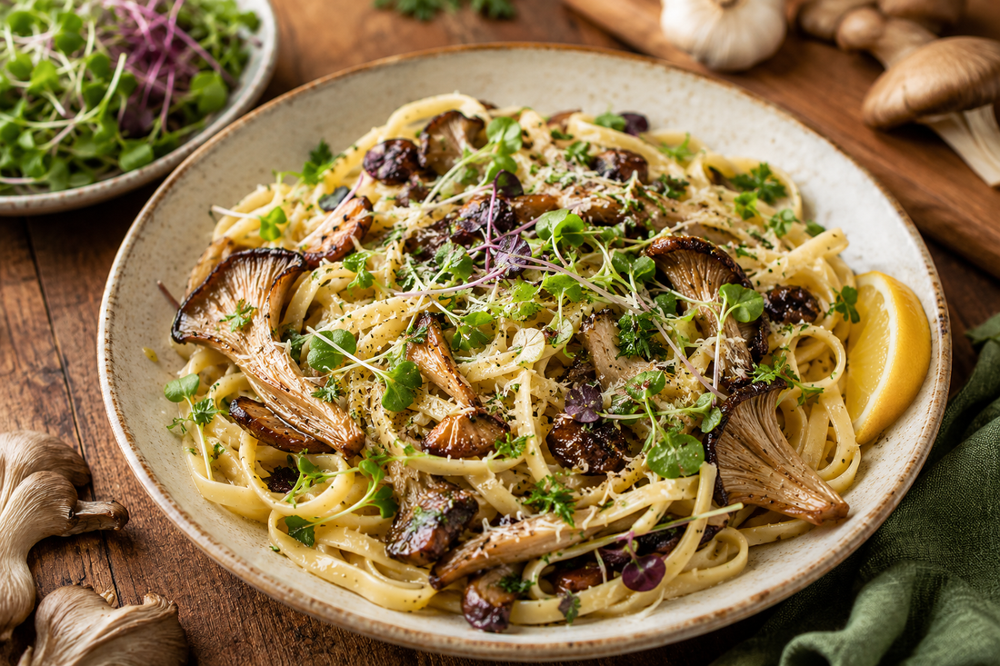 Garlic Butter Gourmet Oyster Mushroom & Microgreens Pasta