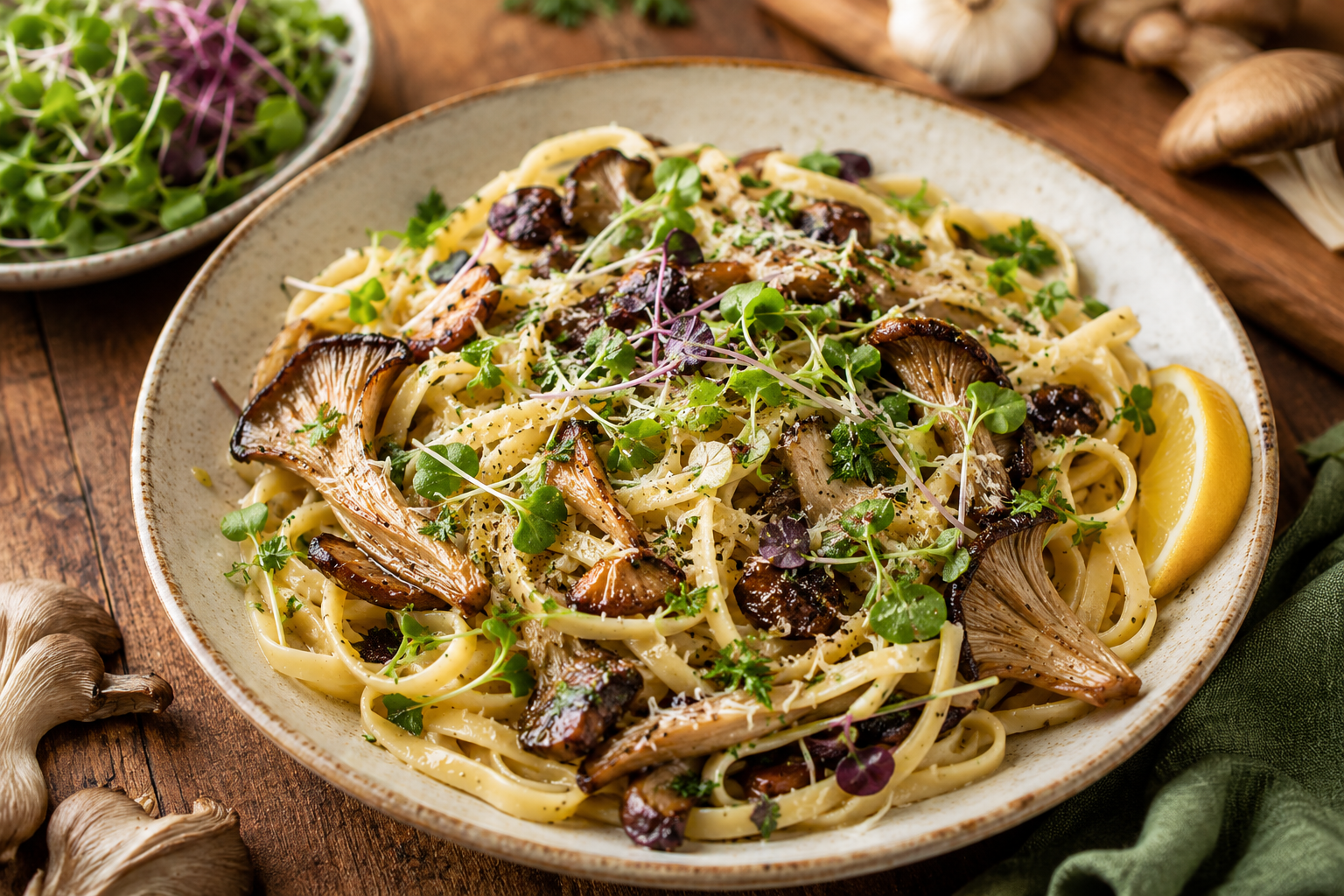 Garlic Butter Gourmet Oyster Mushroom & Microgreens Pasta