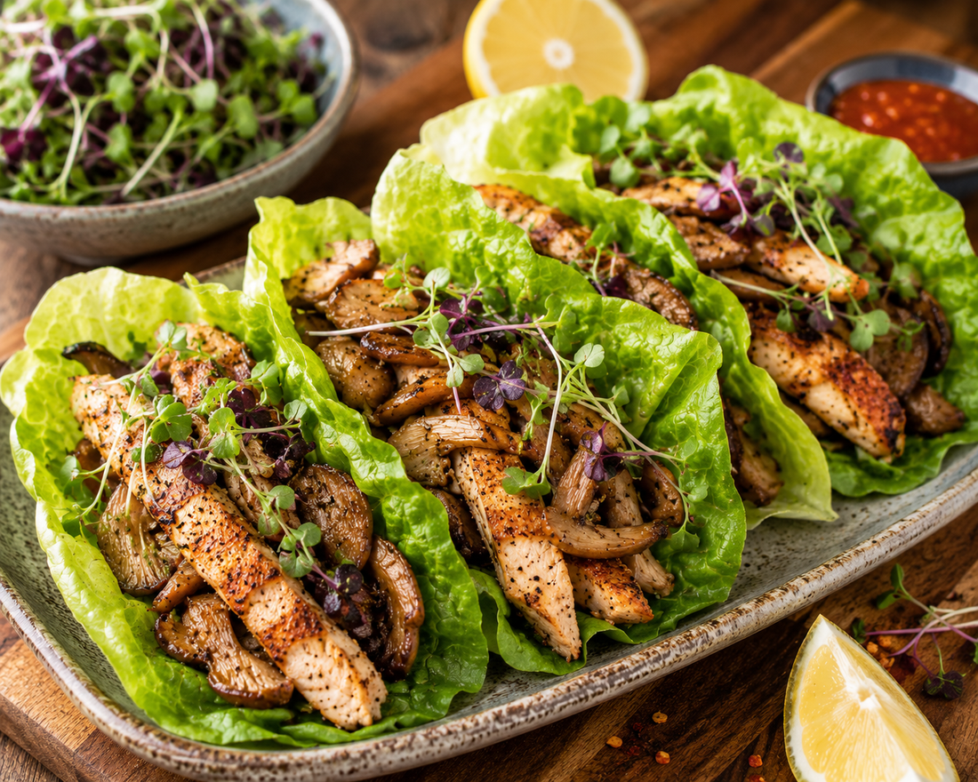 Grilled Chicken Lettuce Boats with Cajun Oyster Mushrooms & Microgreens