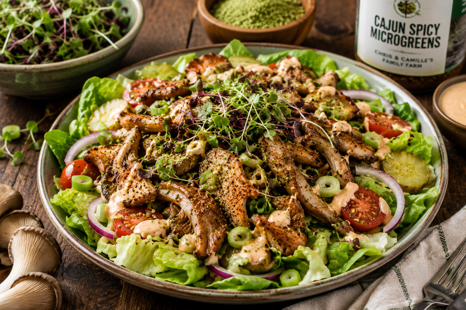 Louisiana Oyster Mushroom Po'Boy Salad with Cajun Microgreens