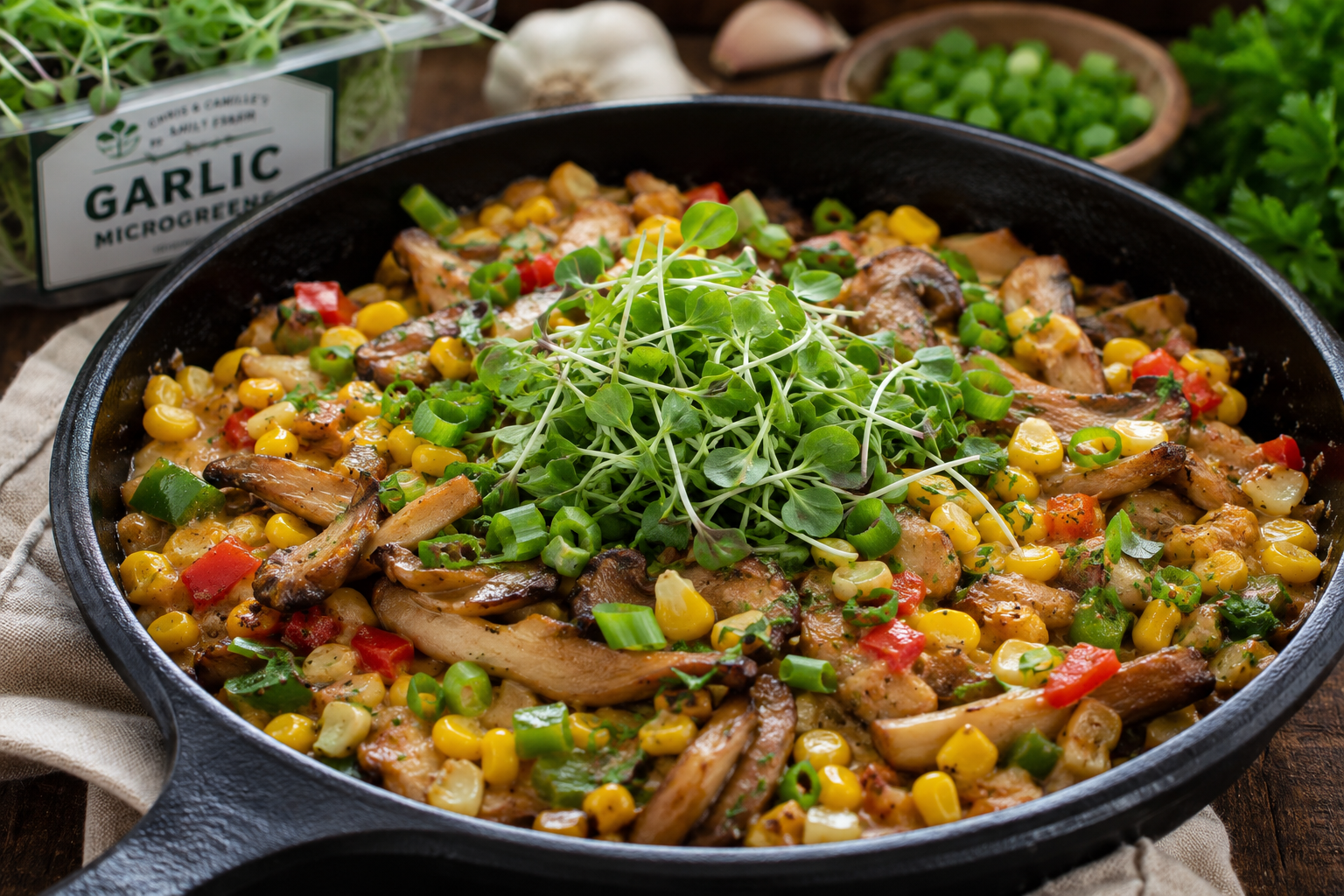 Cajun Oyster Mushroom & Sweet Corn Skillet with Garlic Microgreens