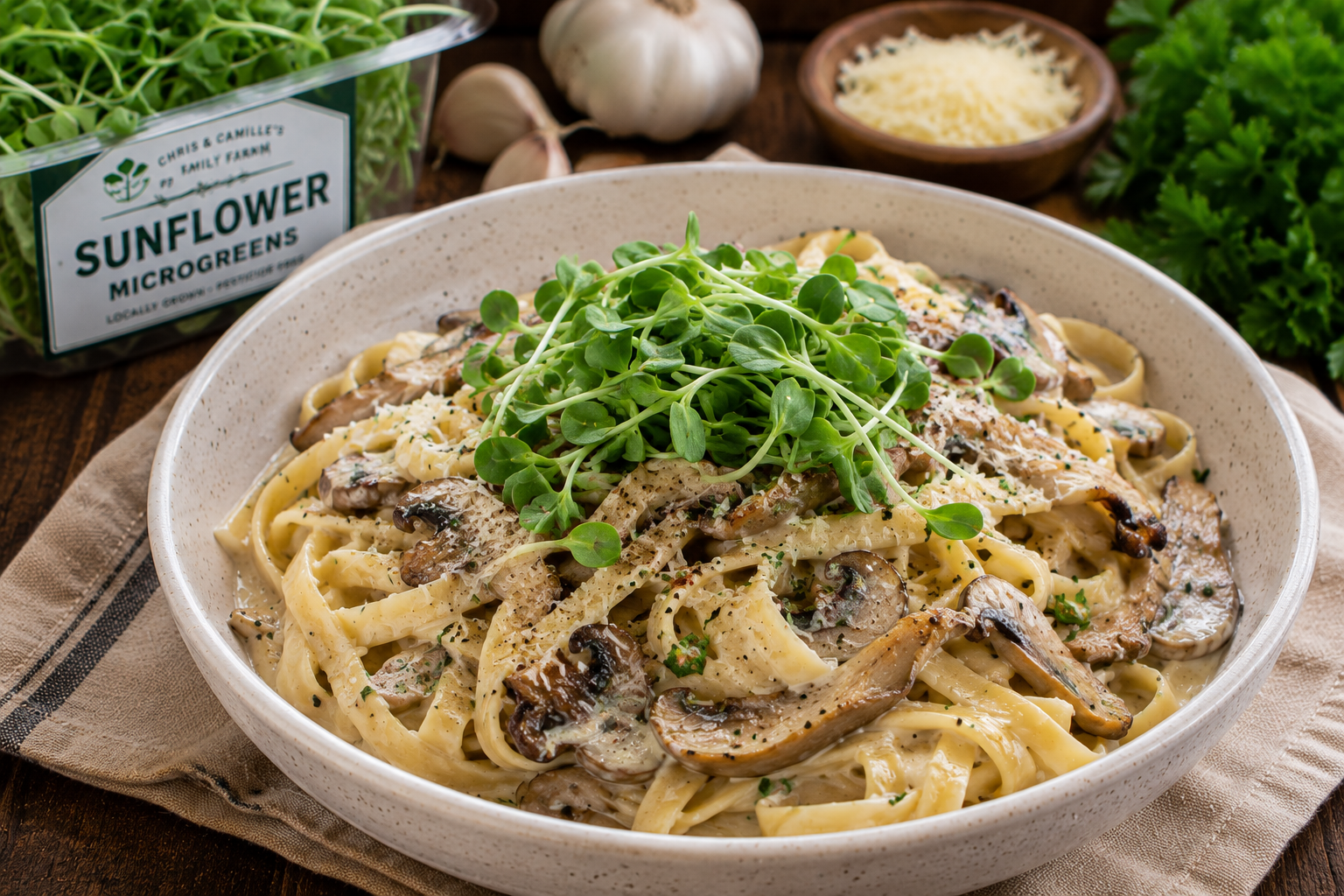Creamy Garlic Mushroom Pasta with Sunflower Microgreens