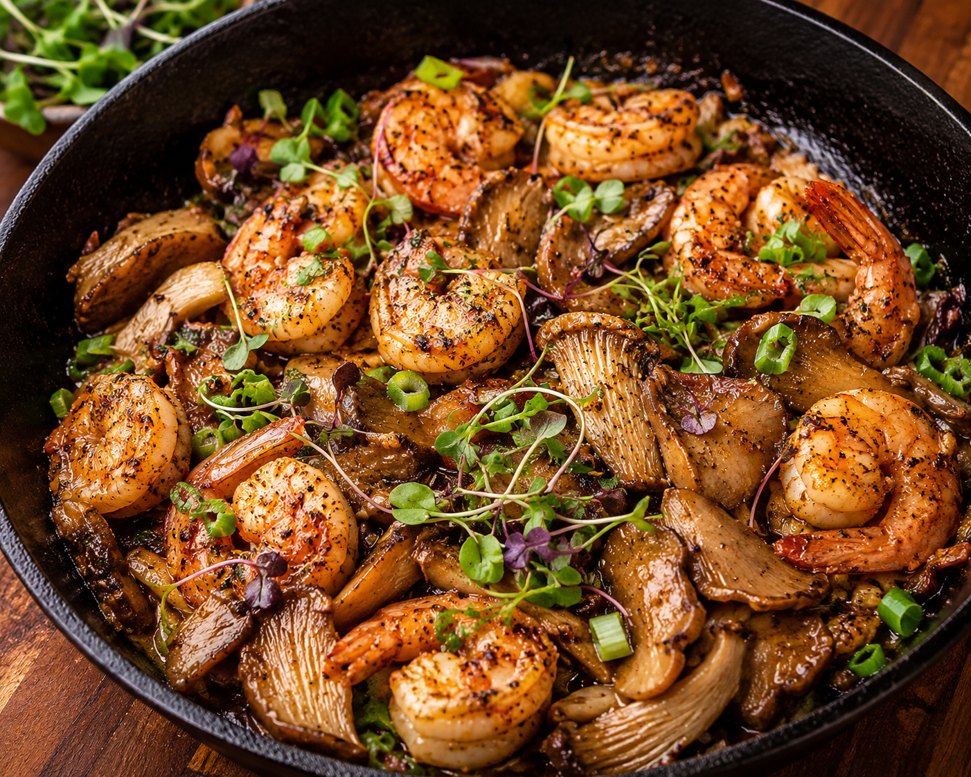 Louisiana Garlic Herb Shrimp & Gourmet Oyster Mushroom Skillet with Cajun Microgreen Finish
